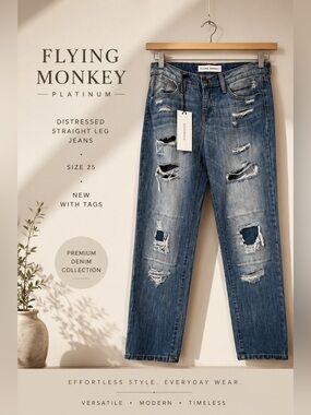 Flying Monkey Platinum Distressed Straight Leg Jeans Size 25
